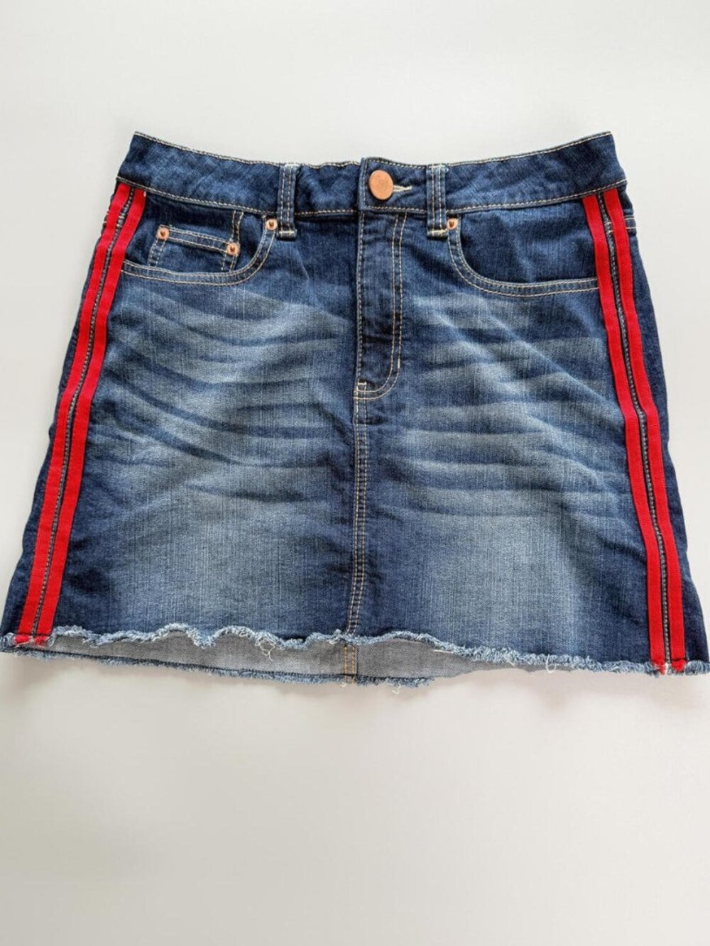 Y2K Vintage Denim Mini Skirt With Red Striped Side And A Raw Hem